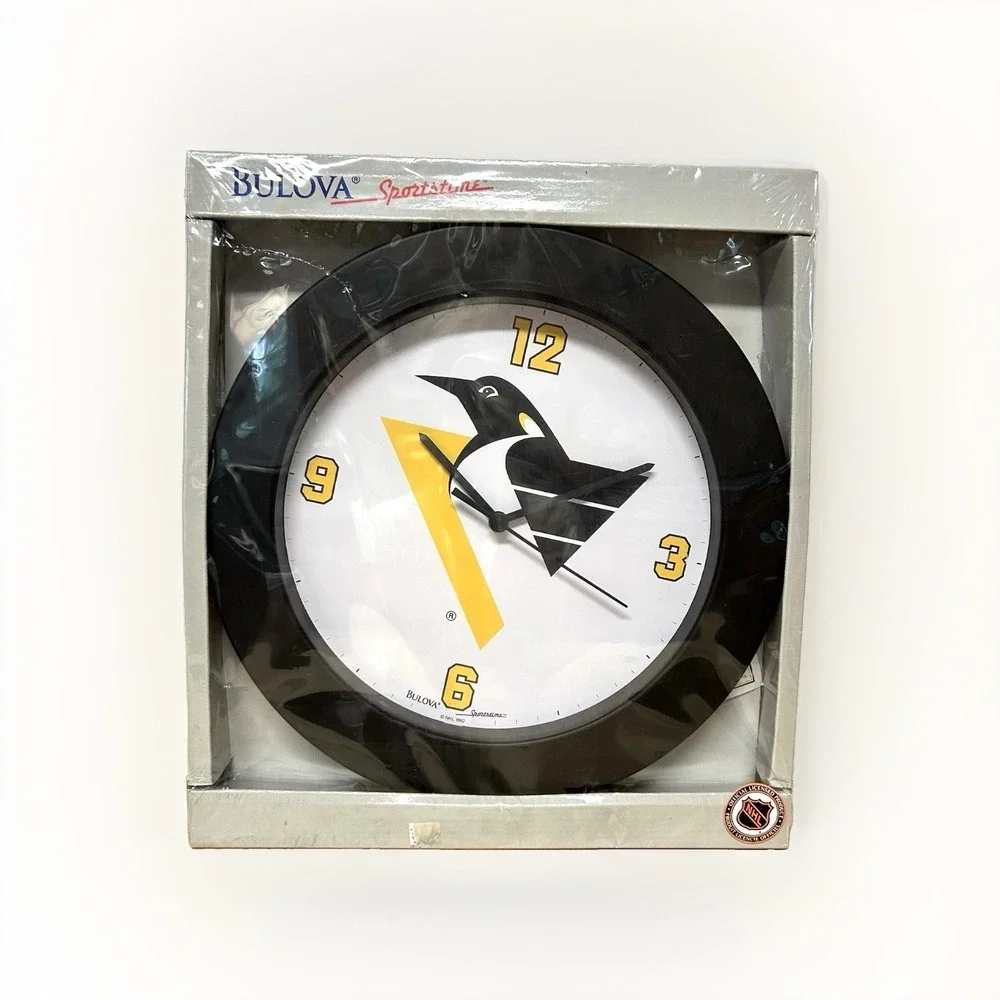 Pittsburgh Penguins Bulova Wall Clock Sportstime Vtg 1992 NHL Robo Penguin NOS